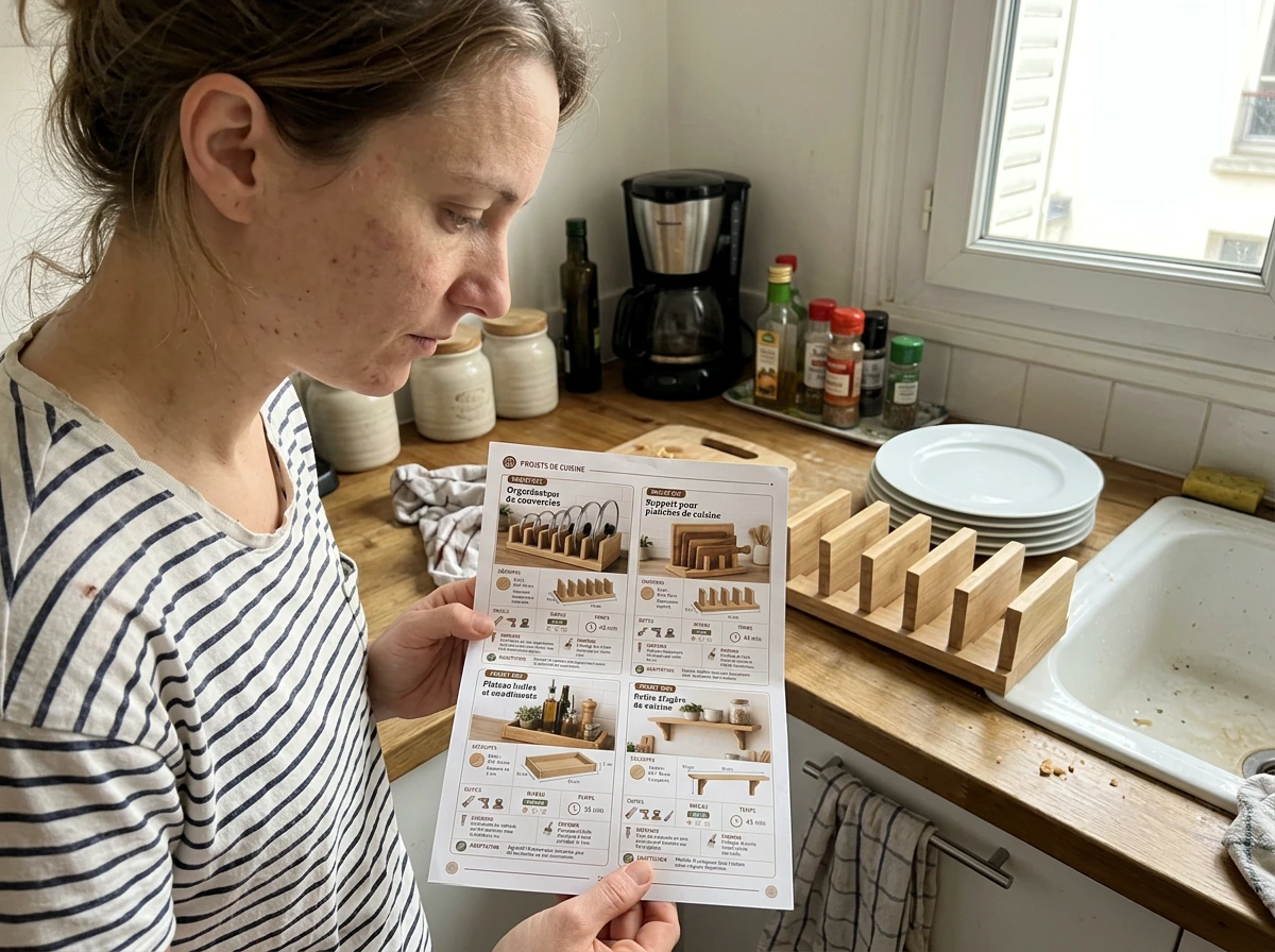 Une créatrice consulte une page imprimée dans sa cuisine