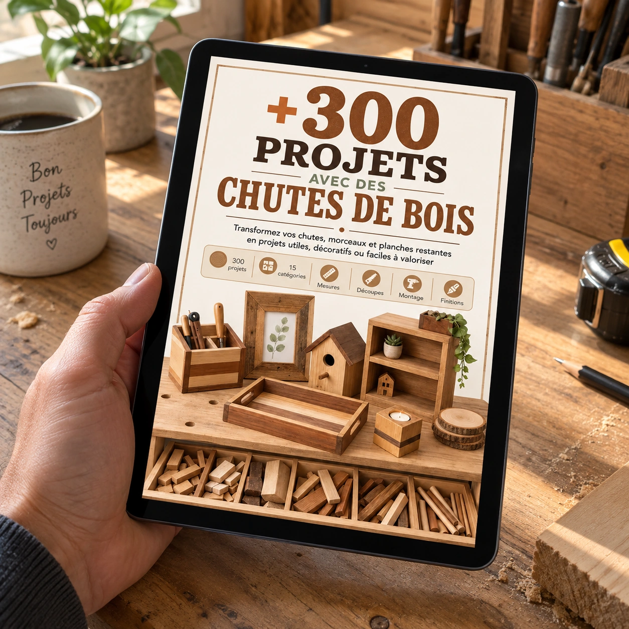 Tablette affichant la couverture de +300 Projets avec des Chutes de Bois posée sur un établi