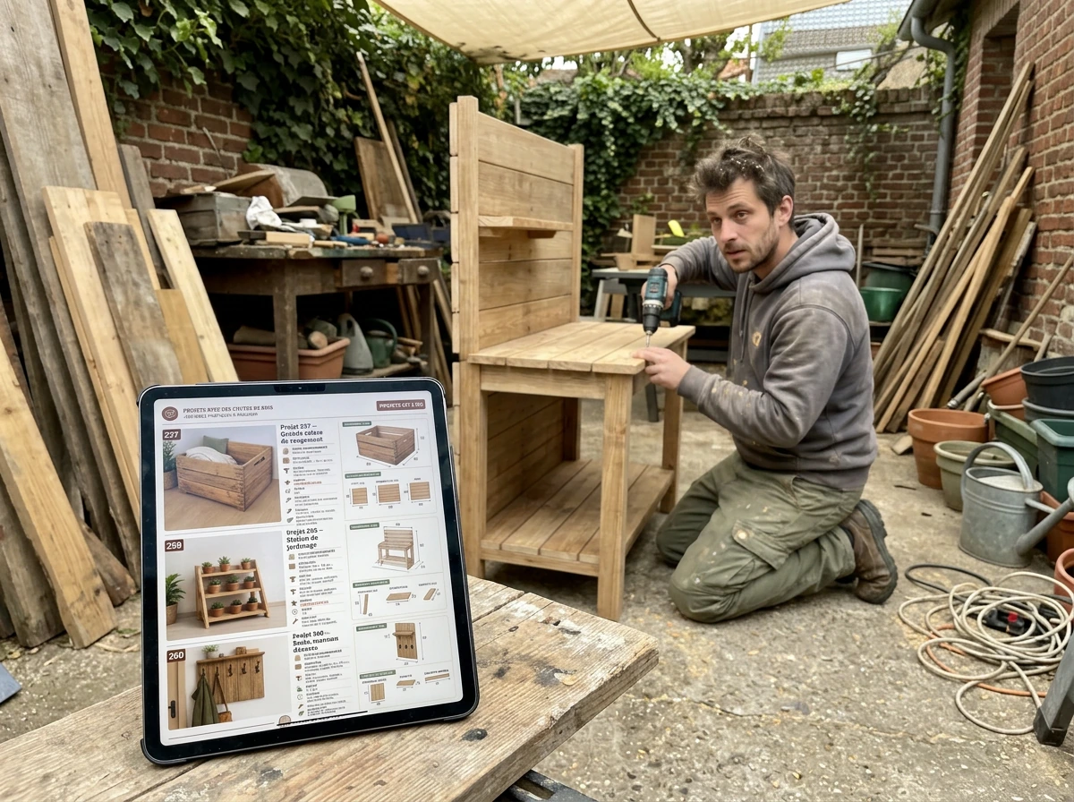 Un menuisier suit le guide sur tablette dans son atelier extérieur