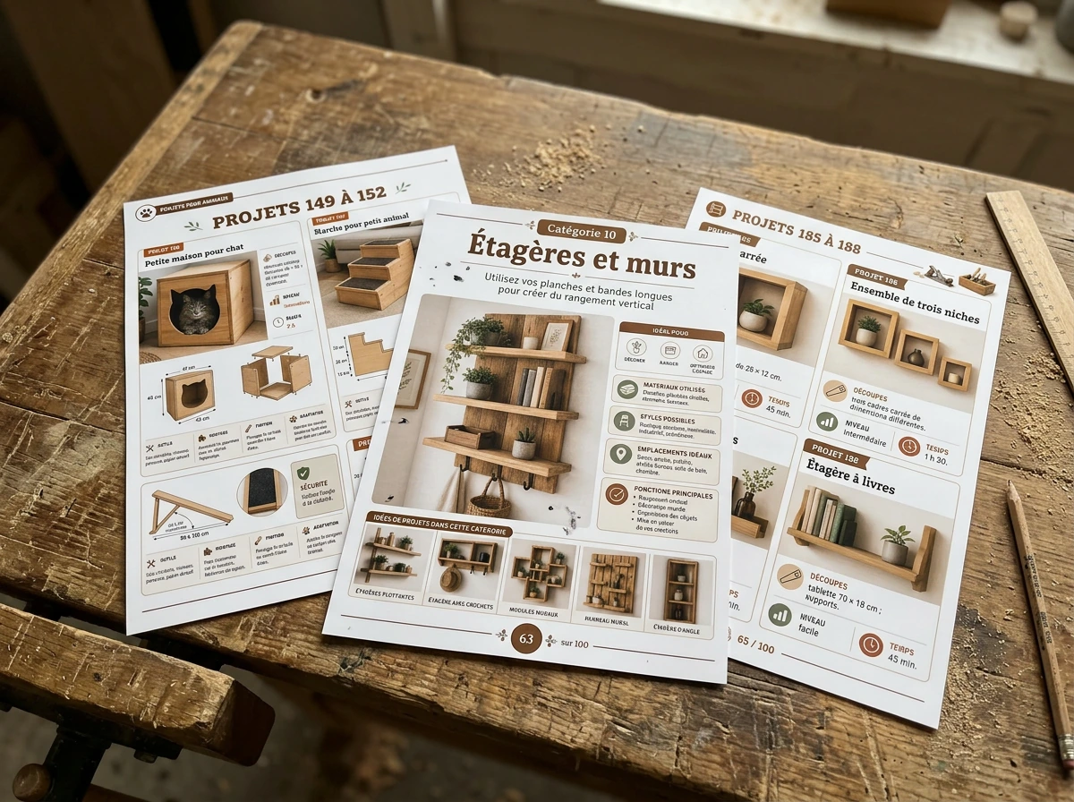Pages imprimées du guide de projets sur un établi de menuiserie