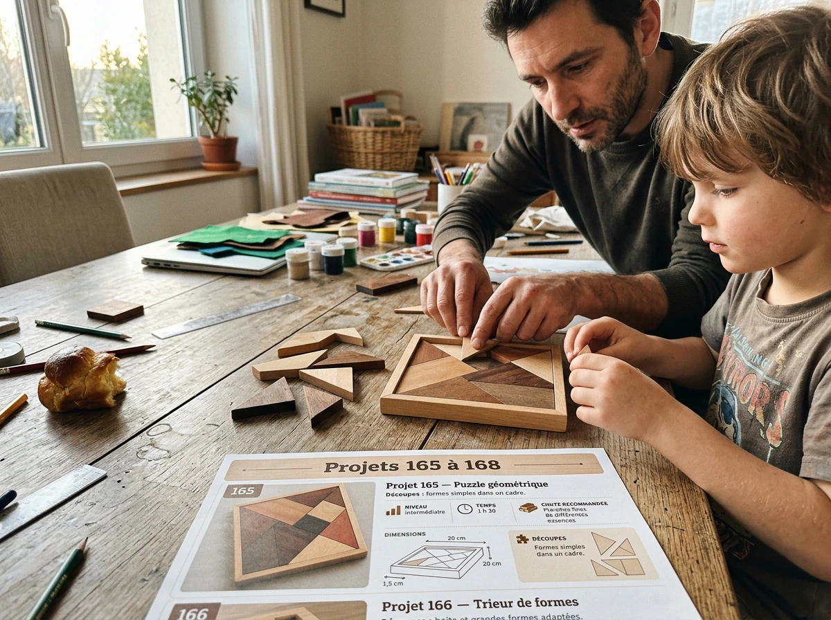 Un père et son enfant réalisent un puzzle avec le guide imprimé