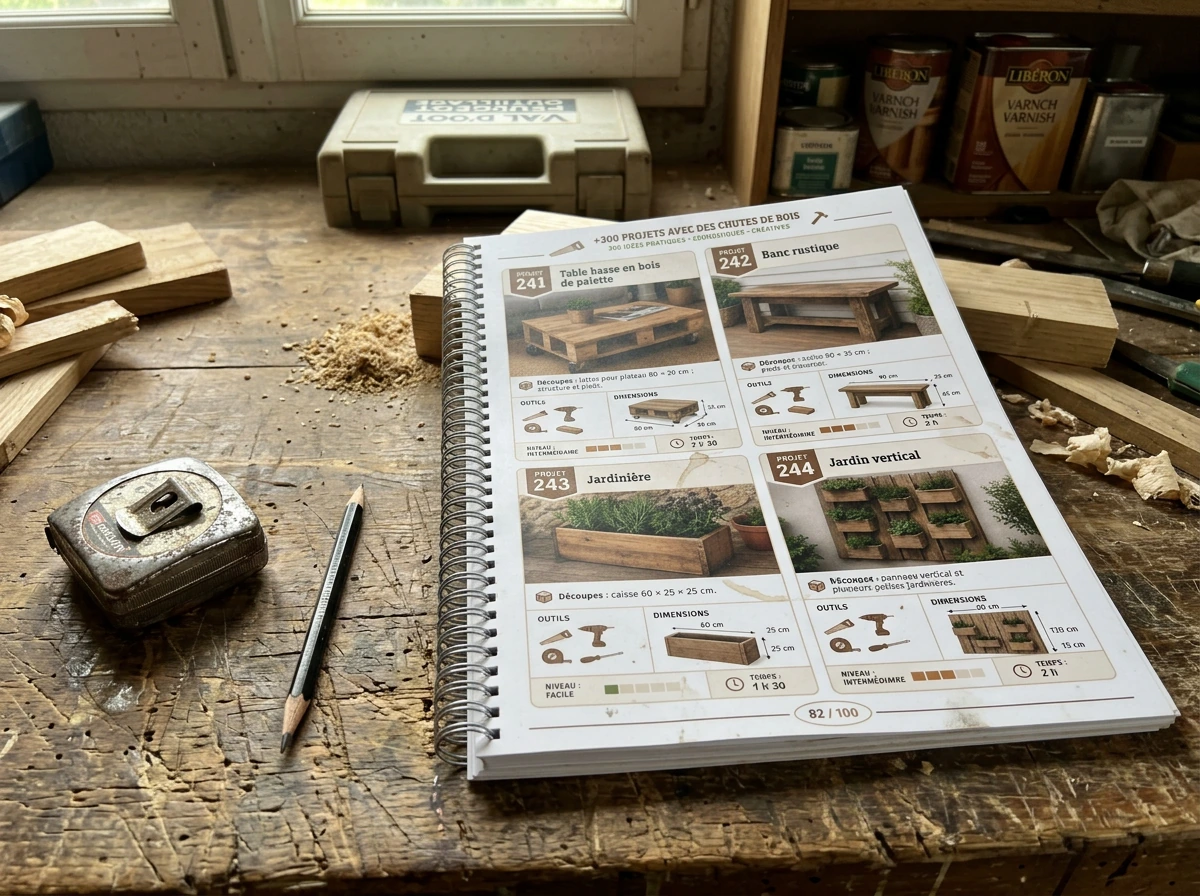 Le guide relié ouvert sur un établi de menuiserie