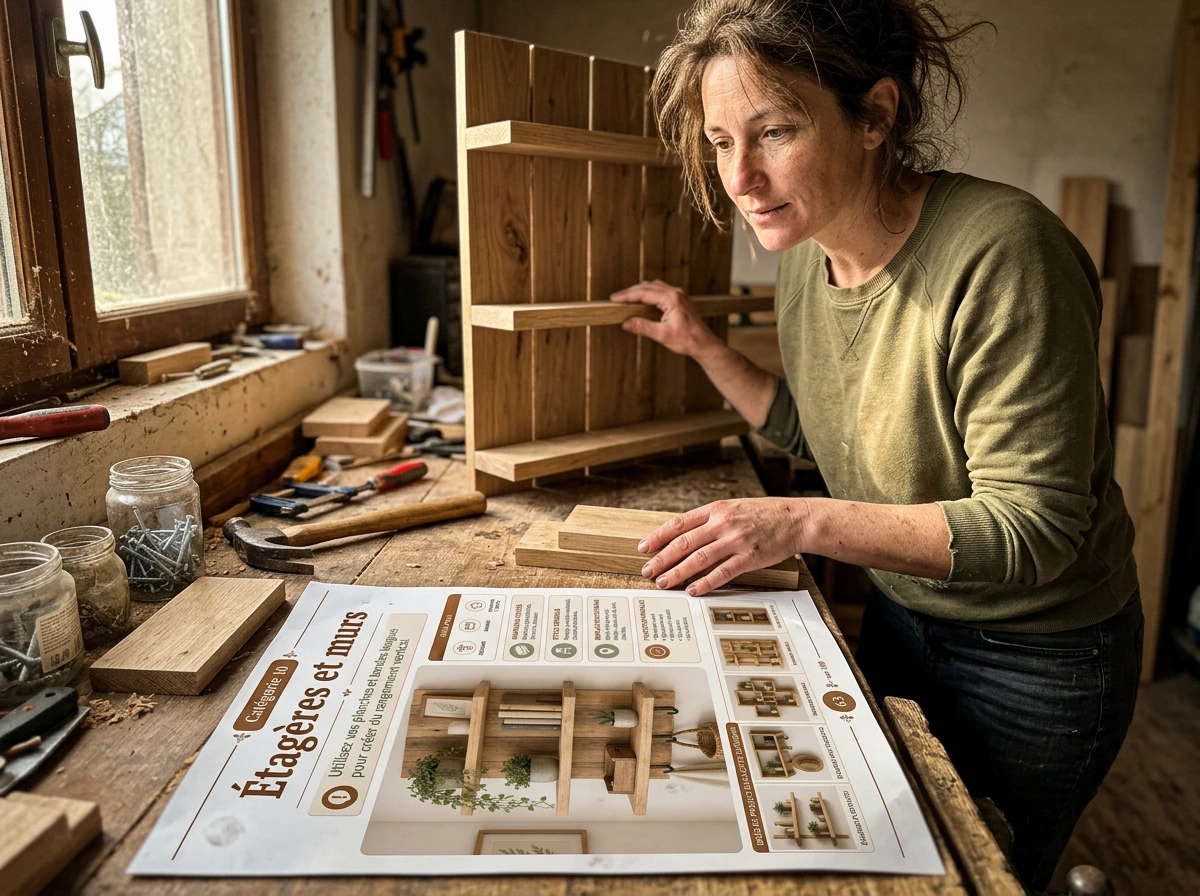 Une menuisière utilise le guide imprimé pour construire une étagère
